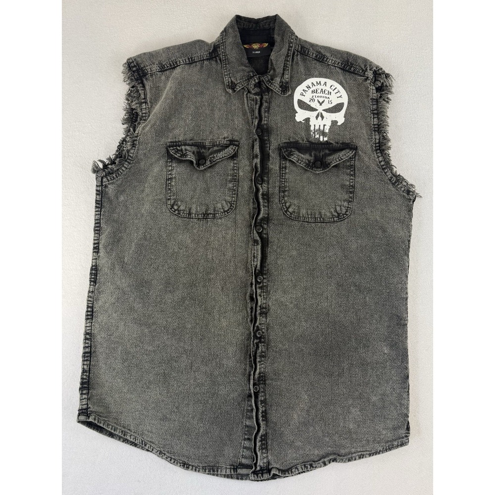 Biker Wear Punisher Denim Shirt Mens XL Black Button Down Sleeveless Panama City